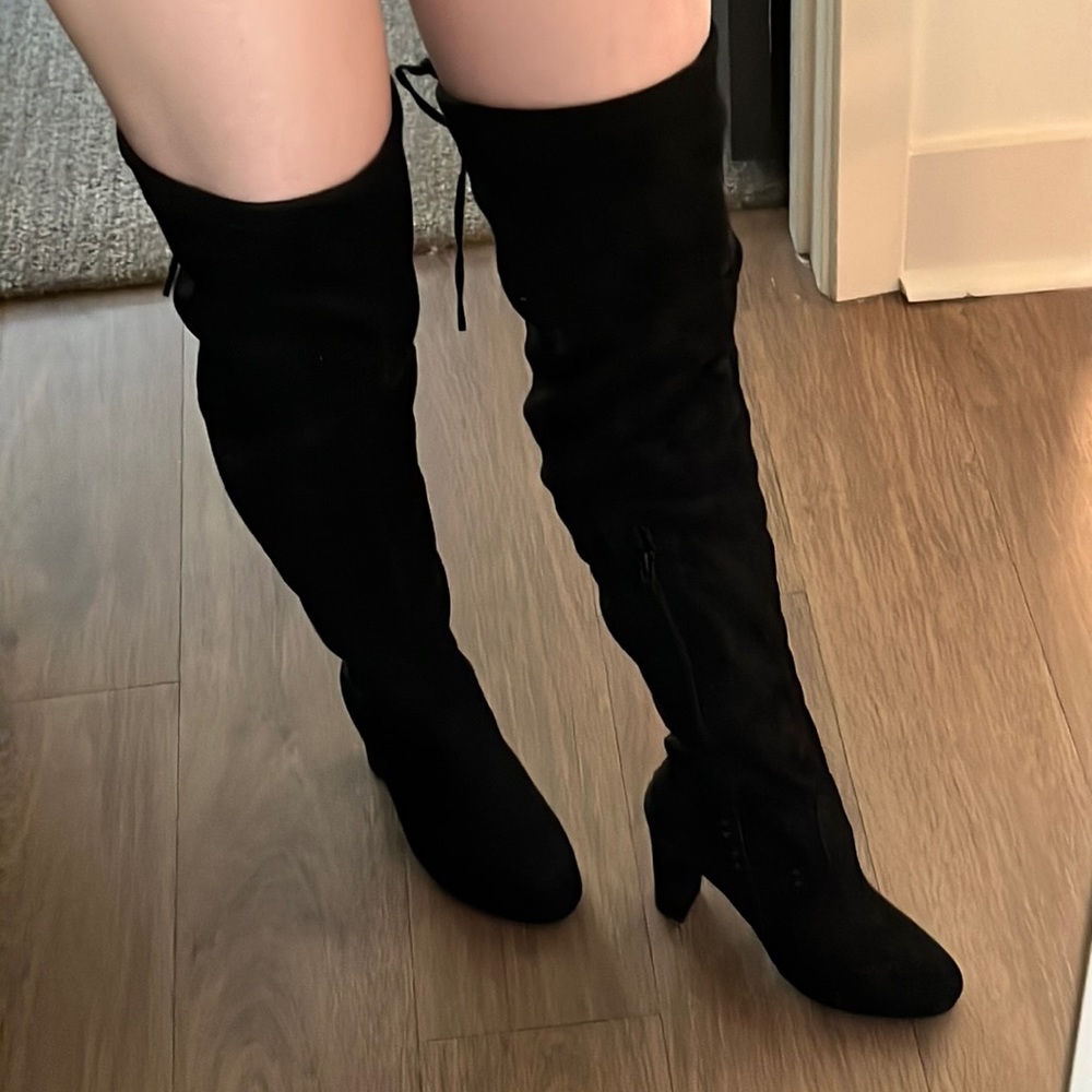 Thigh High Over The Knee Black Suede Heel Boots